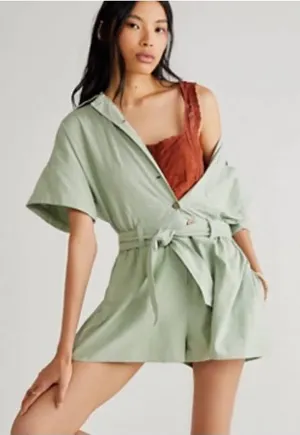 Free People Bohemian Sage Green Cotton No Plans Button Front Romper Size Medium thumbnail 1