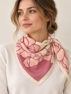 Pink Floral Square Scarf – Cream & Dusty Rose Silky Feel thumbnail 2