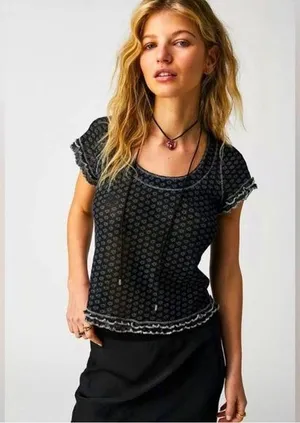 Free People Sheer Mesh Garner Floral Baby Tee Size Large Black thumbnail 1