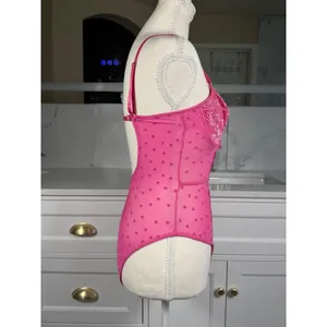 Pink Lace Teddy Bodysuit Womens Large Heart Print Sheer Mesh Underwire Lingerie thumbnail 3