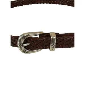 Womens Brown Braided Leather Belt Silver Tone Floral Engraved Buckle Size Large thumbnail 2