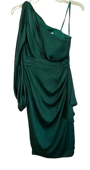 One-Shoulder Emerald Green Draped Cocktail Dress thumbnail 1