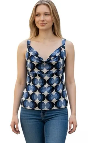 Ann Taylor Tank Blue White Beige Geo Print Office Chic Summer Top S thumbnail 1