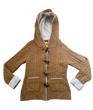 Cabelas Cable Knit Fishermans Sweater Toggle Hooded Small Tan Cardigan thumbnail 1
