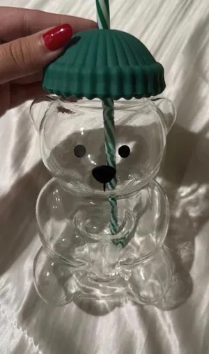 UNBRANDED glass bear cup with lid, beanie, and straw thumbnail 1