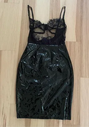 Black vinyl dress Sz S with lace detailing thumbnail 1