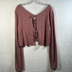 Kimchi Blue Ribbed Knit Cropped Tie Back Long Sleeve Top Dusty Rose Size M‎ thumbnail 2