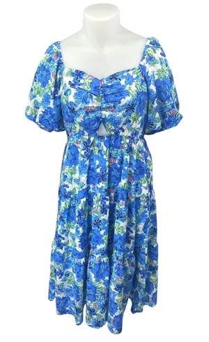 NEW BTFBM Blue Floral Short Puff Sleeve Cutout Tiered Maxi Midi A-Line Dress XXL thumbnail 1
