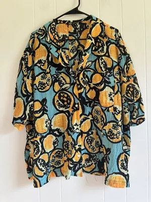 Zara Pomegranate Fruit Print Textured Button Down Shirt Blue Orange Womens M thumbnail 1