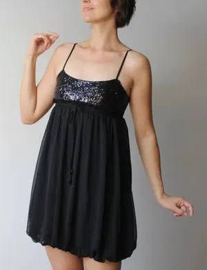 Bebe Vintage Black Sequins Bodice Mini Bubble Hem Dress Medium thumbnail 1