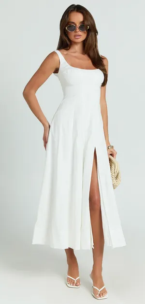 New Showpo Kristi Midi Dress Scoop Neck Fit And Flare Dress In Off White Size M thumbnail 1