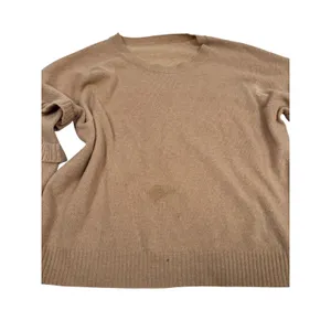 100% Cashmere Ruffle Sleeve Sweater Camel Tan Crewneck Pullover M/L thumbnail 3