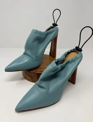 YEVRAH Light Blue Leather Ruched Toggle Pointed Toe Wood Block Heels Size 38 thumbnail 1