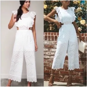 Blue Blush Eyelet Jumpsuit Cropped 100% Cotton Women S White Whimsical Girly Fun thumbnail 3