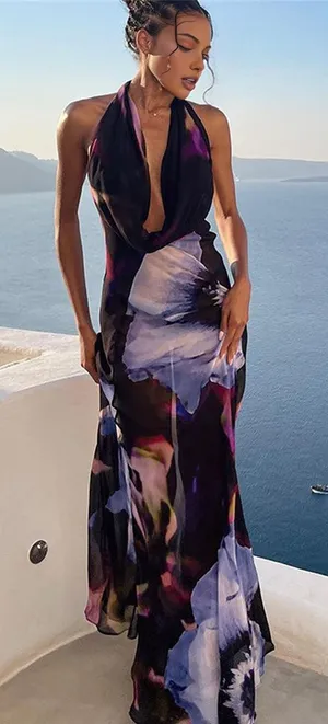 Commense Resort Dark Fairy Floral Print Semi Sheer Backless Halter Black Maxi XS thumbnail 1
