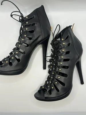 Black Studded Strappy Lace Up Stiletto Heel Ankle Booties Open Toe 6 Rocker Glam thumbnail 4