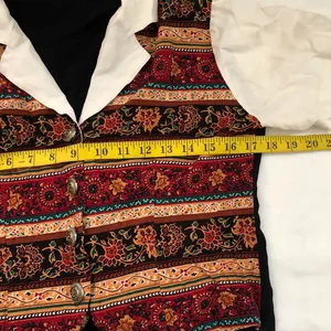 90s Retro Vintage Boho Western Indie Paisley Floral Patchwork Shirt Top Blouse Vest button front tie back short sleeve green red brown black-M Made in USA Measurement in pics thumbnail 5