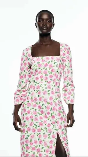 Zara‎ Square Neck Floral Print Midi Dress Pink White Long Sleeve Slit thumbnail 1