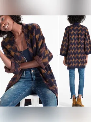 Lucky Brand Wool Blend Boho Longline lona Cardigan Brown/Navy Size Small thumbnail 2