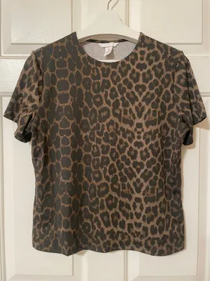 H&M Women’s Short Sleeve Brown Leopard Print Cheetah Stretch Fitted Top Size XL thumbnail 1