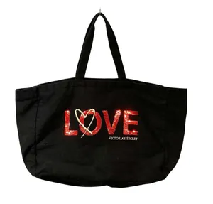 VICTORIA’S SECRET Love Canvas Black Tote RED SEQUINS Love Limited Edition thumbnail 1