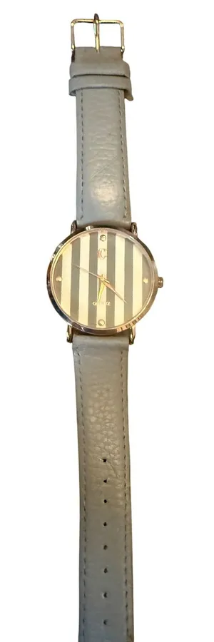 C Quartz Watch Rose Gold Tone Grey White‎ Striped Dial Grey Leather Band 9732 thumbnail 1