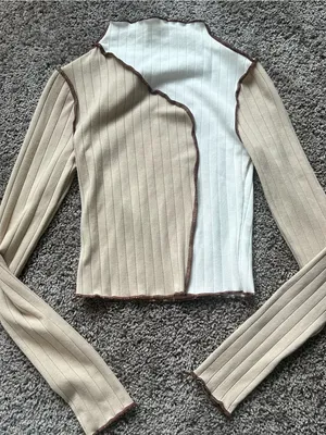 Timing Two-Tone Ribbed Long-Sleeve Top in Beige, White & Brown Trim thumbnail 2