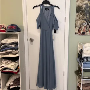 NWT Lulu's Easy Listening Slate Blue Cold-Shoulder Wrap Maxi Dress thumbnail 7