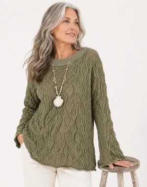 Soft Surroundings Pointelle Open Knit Pullover Sweater Olive Green Boho Size L thumbnail 1