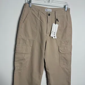 NWT Zara Straight Leg Cargo Pants Cream Neutral Size 6 Minimalist Casual 90s‎ thumbnail 3