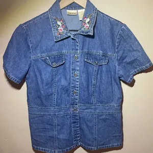 Vintage Bobbie Brooks Blue Denim Short-Sleeve Shirt with Embroidered Collar, S thumbnail 1