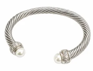 Silver stainless steel Twisted Cable Cuff Bangle Bracelet Pearl Clear Crystal thumbnail 1