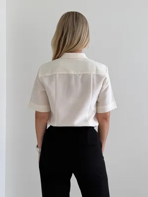 AMII Ivory Textured Short Sleeve Button Down Shirt Gold Buttons M thumbnail 2