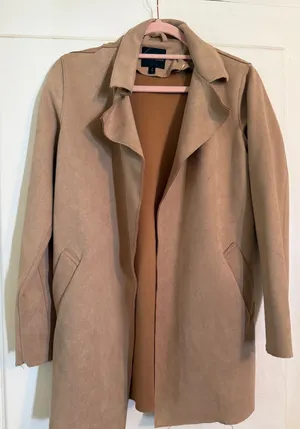 Buckle Black Tan Faux Suede Open Front Trench Coat Jacket Womens‎ Small Camel thumbnail 1