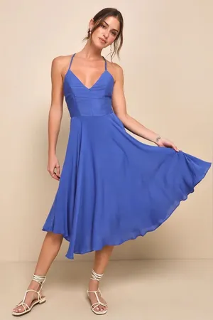 Lulus Troulos Royal Blue Lace Up Midi Dress Size M NWT Open Back Rayon thumbnail 1