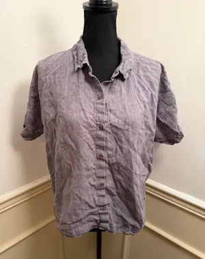 Eileen Fisher Washed Organic Linen Short Sleeve Button Up Top Grey Purple thumbnail 1