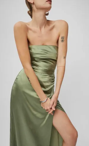 Reformation Barrow Silk Dress Artichoke Green Strapless Maxi Slit Size 8 NWT thumbnail 1