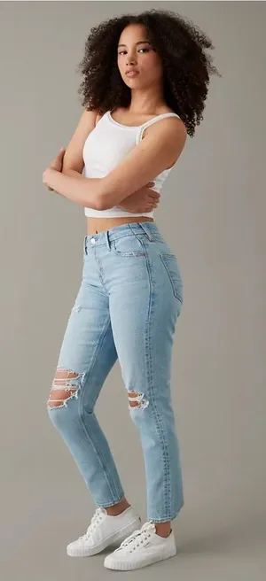 American Eagle Curvy '90s Skinny Jean in Stretch Ripped Destroyed Light Wash thumbnail 1