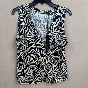 Nicole Miller Cream and Navy Blue Abstract Print Top V Neck Sleeveless Size L thumbnail 2