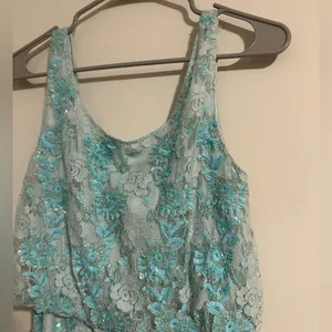Alice + Olivia Sequin beaded turquoise aqua mini floral beaded lace dress thumbnail 2