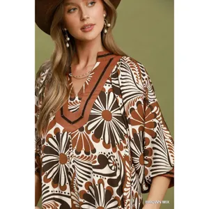 Umgee Abstract Print Midi Dress - Brown Mix - Large thumbnail 6