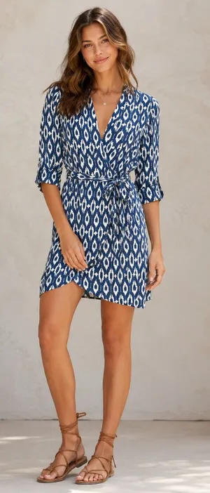 Maeve Blue Ikat Print 3/4 Sleeve Mini Shirt Dress Womens XS Belted Boho Anthro thumbnail 1