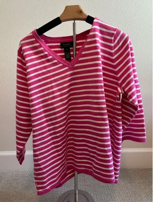 Lauren‎ Ralph Lauren Sweater Womens 1X Pink Striped V-Neck 3/4 Sleeve Preppy thumbnail 1
