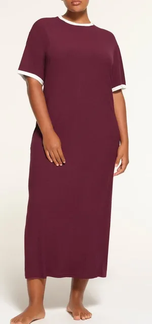Skims Soft Lounge Ringer T-Shirt Long Dress Maxi Maroon Red Size Small‎ thumbnail 1