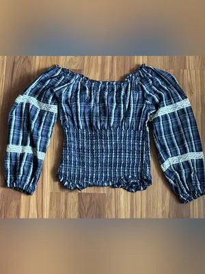 Kimchi Blue Marley Plaid Smocked Off Shoulder Blouse - Navy Blue Size S thumbnail 6