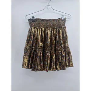 Free People Skirt Womens M Floral Brocade Gold Metallic Smocked Bubble EUC thumbnail 2