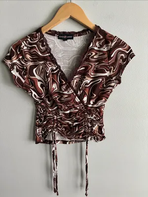 Almost Famous Y2K Brown Marble Print Ruched Crop Top Size M thumbnail 1