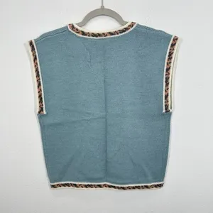 Russ Petites Blue Sweater Vest Women's Size S Floral Motif Leopard Trim‎ Knit thumbnail 8