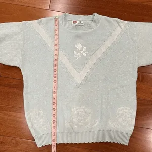 Isle of Cotton Knit Sweater Womens XL Mint Green Floral Embroidered Short Sleeve thumbnail 7
