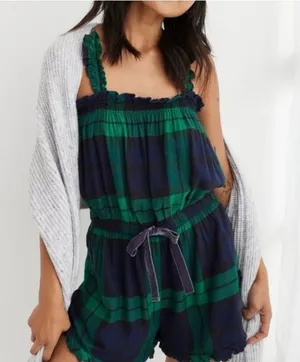 Aerie Navy Green Plaid Ruffle Strap Romper‎ with Velvet Tie S/P thumbnail 1